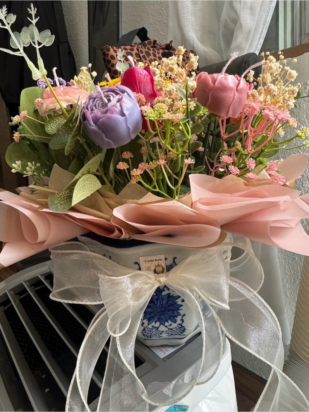 Floral Candle Bouquet Arrangement in Pink and Purple Vase Accent- Handcrafted🕯️✨